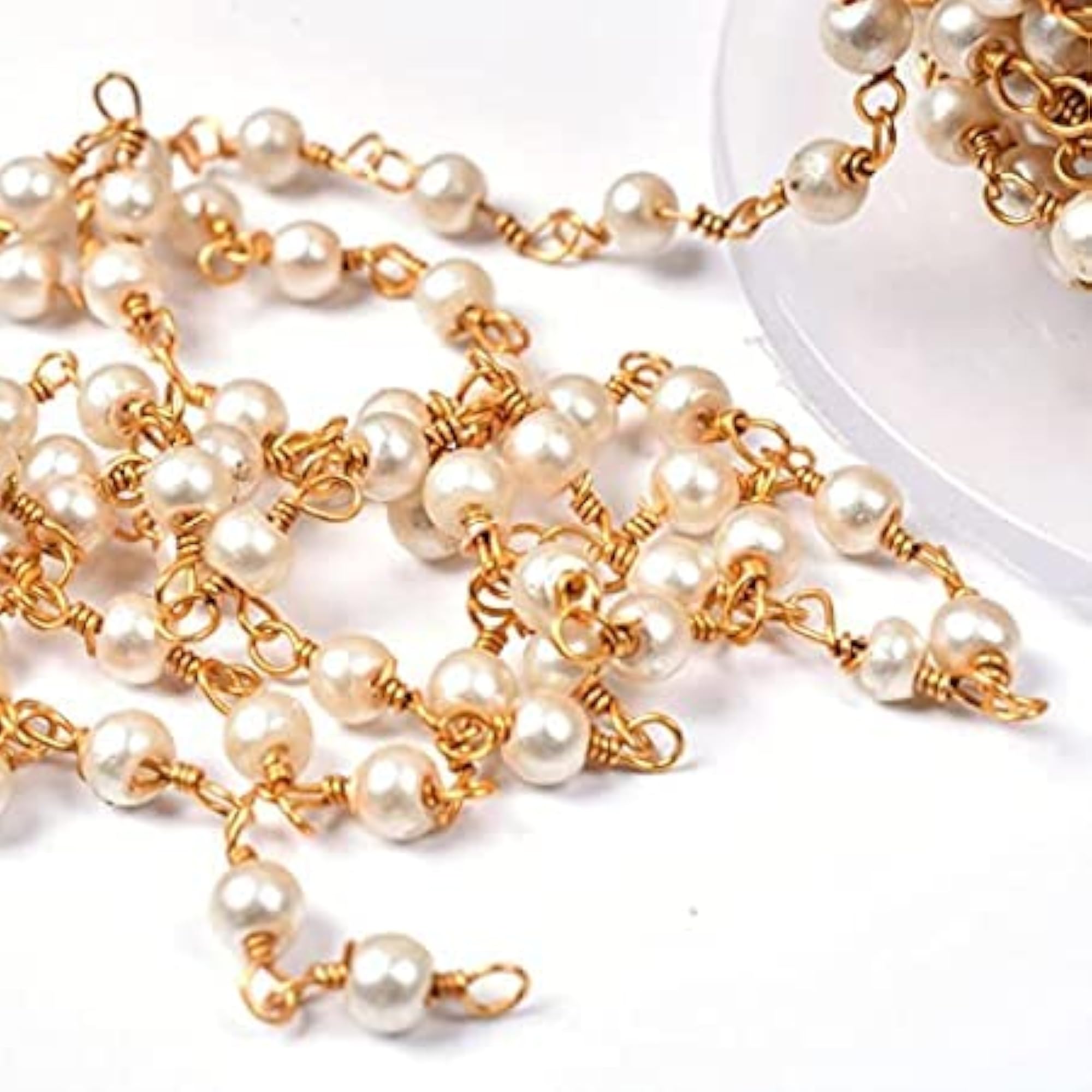 Golden Plated Acrylic Pearl Beads Chain, 5 Mtrs
